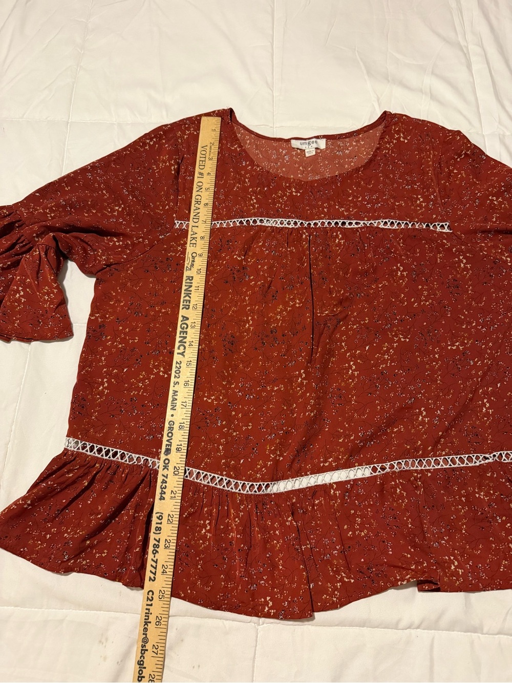 Umgee Rust Red Floral Ruffle Sleeve Tunic - Picture 5 of 6